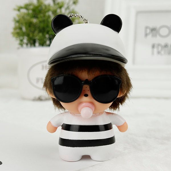 Striped monchichi doll with hat